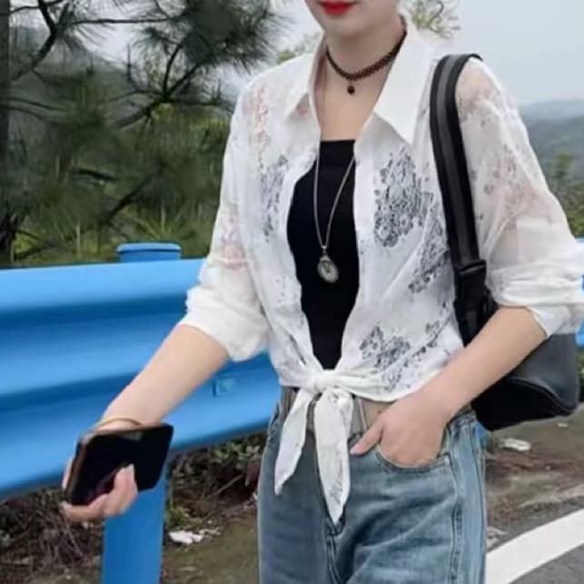 재고 있음 레이스 자수 여성 셔츠 가을 한국 스타일 패션 얇은 스타일 긴팔 자외선 차단 오픈 가디건 품격 다용도 맨위 상세 이미지 3