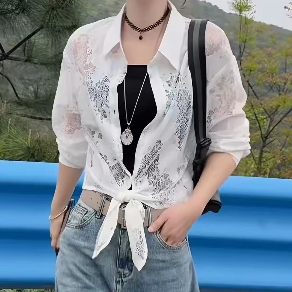 재고 있음 레이스 자수 여성 셔츠 가을 한국 스타일 패션 얇은 스타일 긴팔 자외선 차단 오픈 가디건 품격 다용도 맨위 상세 이미지 4