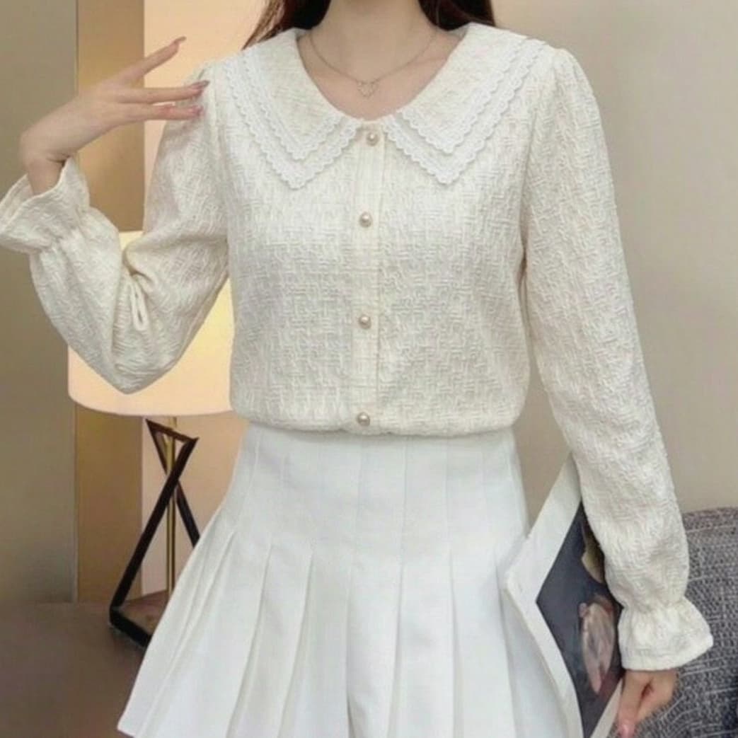 재고 있음 가을 프랑스식 부드러운 바람 배색 베이비 칼라 레이스 여성 셔츠 빅 사이즈 연령 감소 다용도 맨위 루즈핏 긴팔 상세 이미지 2