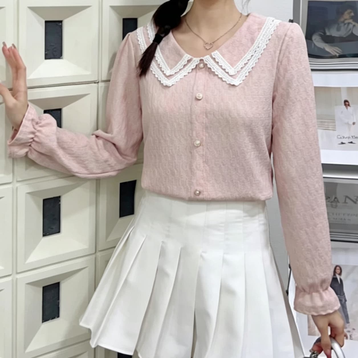 재고 있음 가을 프랑스식 부드러운 바람 배색 베이비 칼라 레이스 여성 셔츠 빅 사이즈 연령 감소 다용도 맨위 루즈핏 긴팔 상세 이미지 4