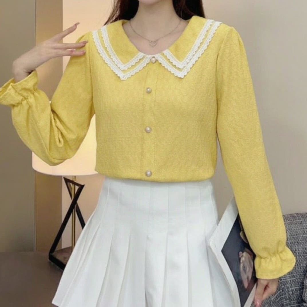 재고 있음 가을 프랑스식 부드러운 바람 배색 베이비 칼라 레이스 여성 셔츠 빅 사이즈 연령 감소 다용도 맨위 루즈핏 긴팔 상세 이미지 5