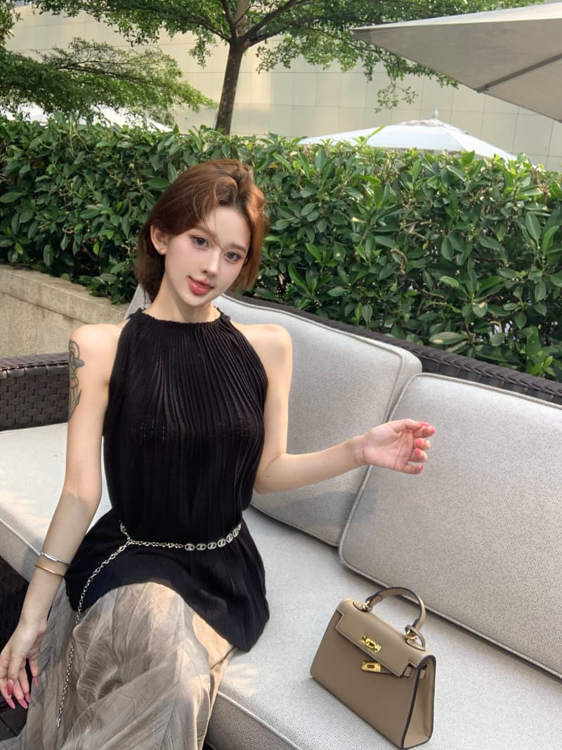 실사 정가 높음 지혜 센스 품격 행침 목 플리츠 니트 조끼 불규칙 슬림해 보이는 한 마디 우산 치마 반신 스커트 이미지 2