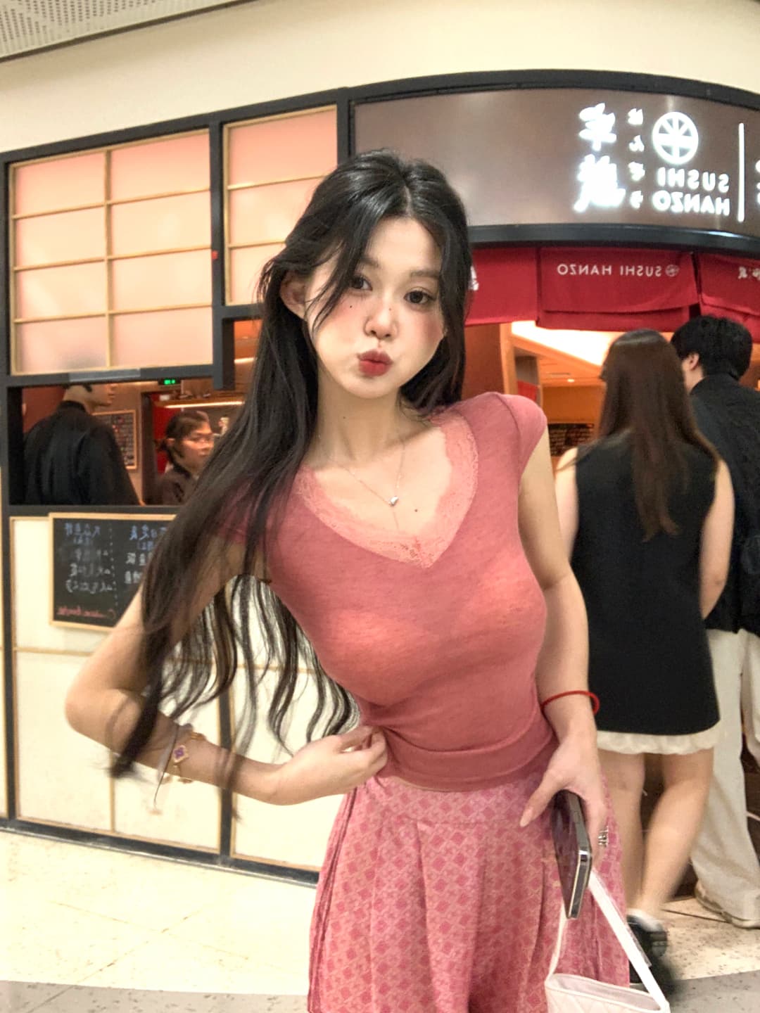 실사 정가 국풍 레이스 조각 니트 반팔 맨위 새로운 중식 레이스 조각 트임 캐주얼 긴 바지 상세 이미지 1
