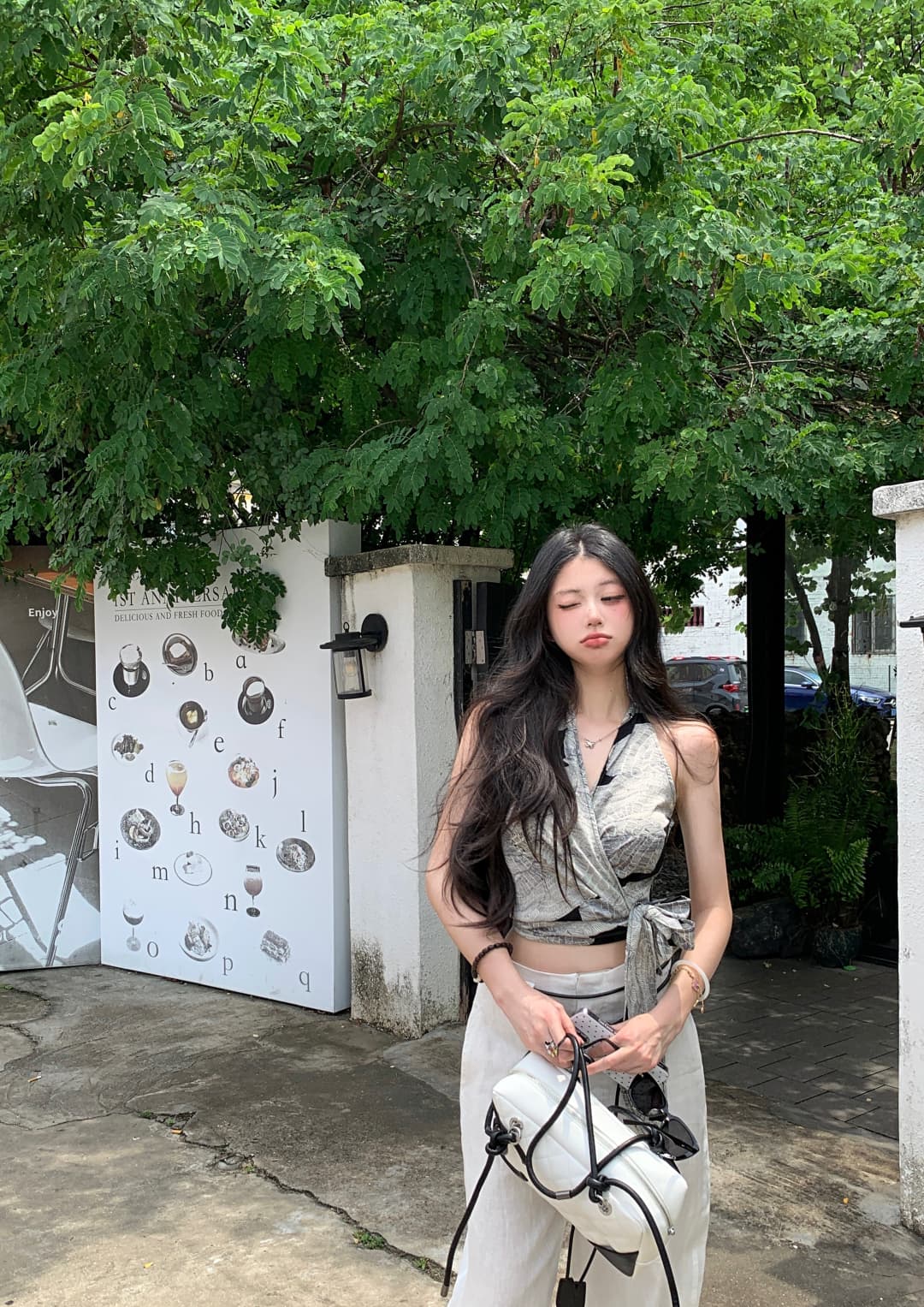 실사 정가 허리 수축 패턴 V넥 측면 매듭이 달린 맨위 조끼 아마 와이드 레그 팬츠 긴 바지 다용도 캐주얼 바지 상세 이미지 11