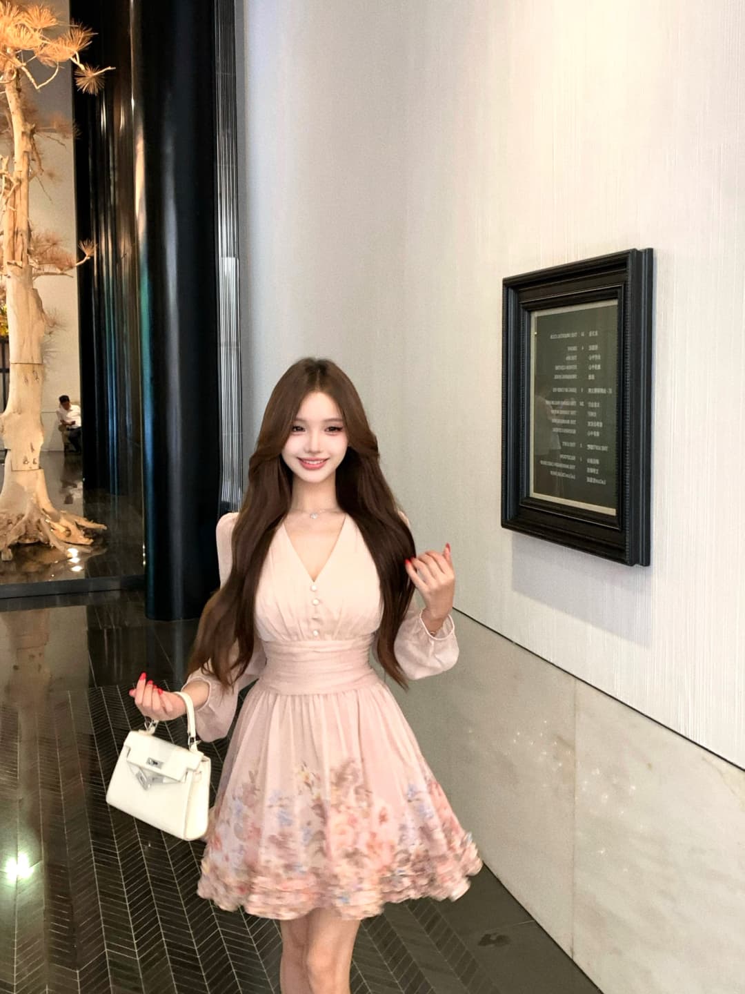 실사 정가 꽃이 떨어지는 꿈 저녁 허리 수축 슬림해 보이는 V넥 프릴 꽃 긴팔 드레스 상세 이미지 1
