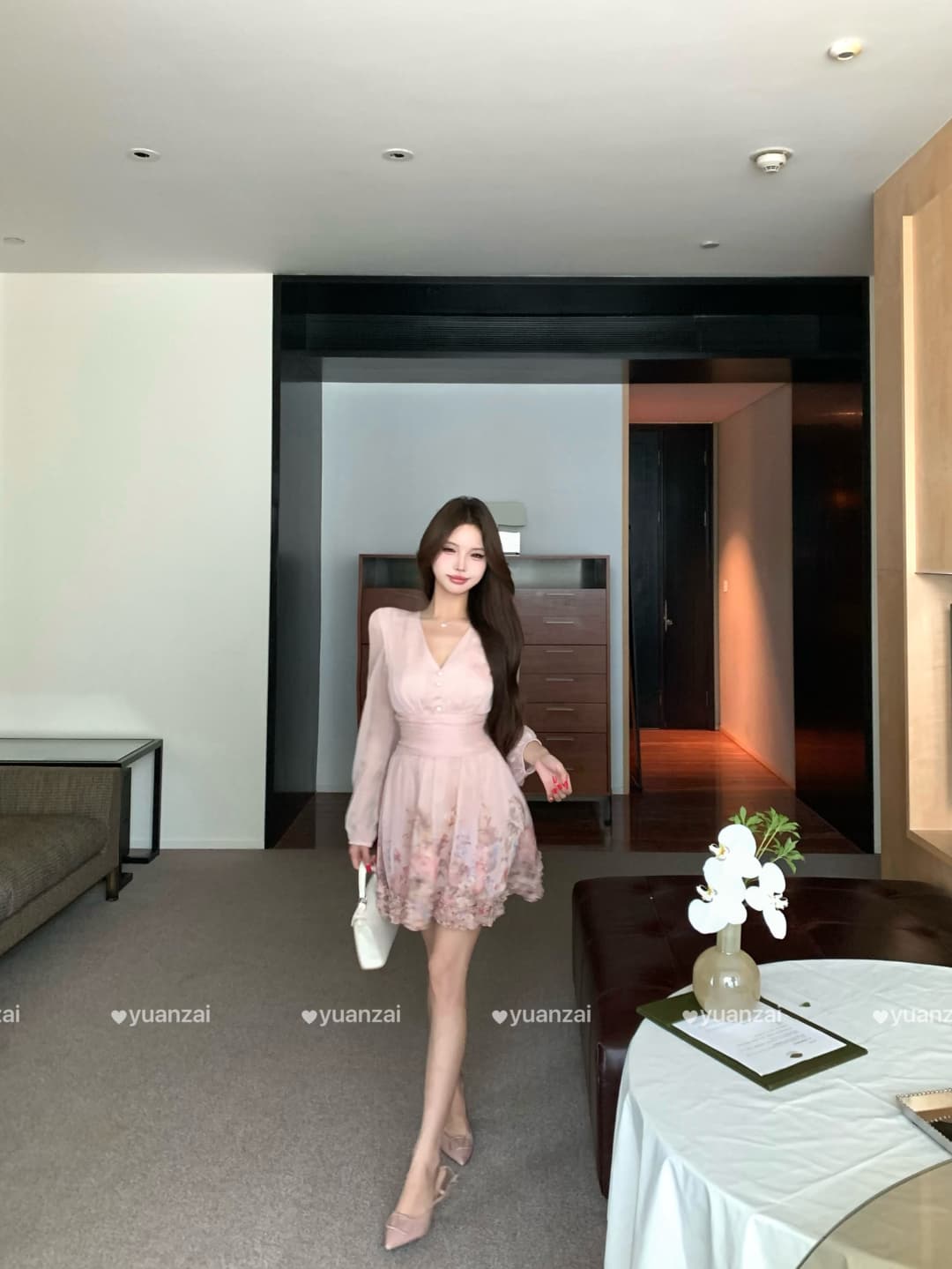 실사 정가 꽃이 떨어지는 꿈 저녁 허리 수축 슬림해 보이는 V넥 프릴 꽃 긴팔 드레스 상세 이미지 7