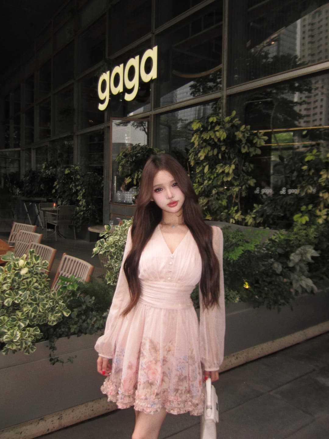 실사 정가 꽃이 떨어지는 꿈 저녁 허리 수축 슬림해 보이는 V넥 프릴 꽃 긴팔 드레스 상세 이미지 9