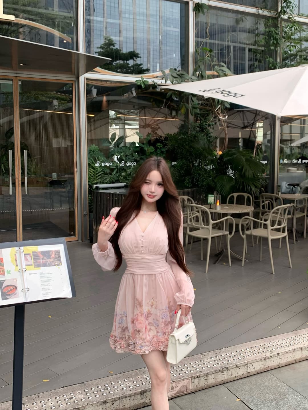 실사 정가 꽃이 떨어지는 꿈 저녁 허리 수축 슬림해 보이는 V넥 프릴 꽃 긴팔 드레스 상세 이미지 10