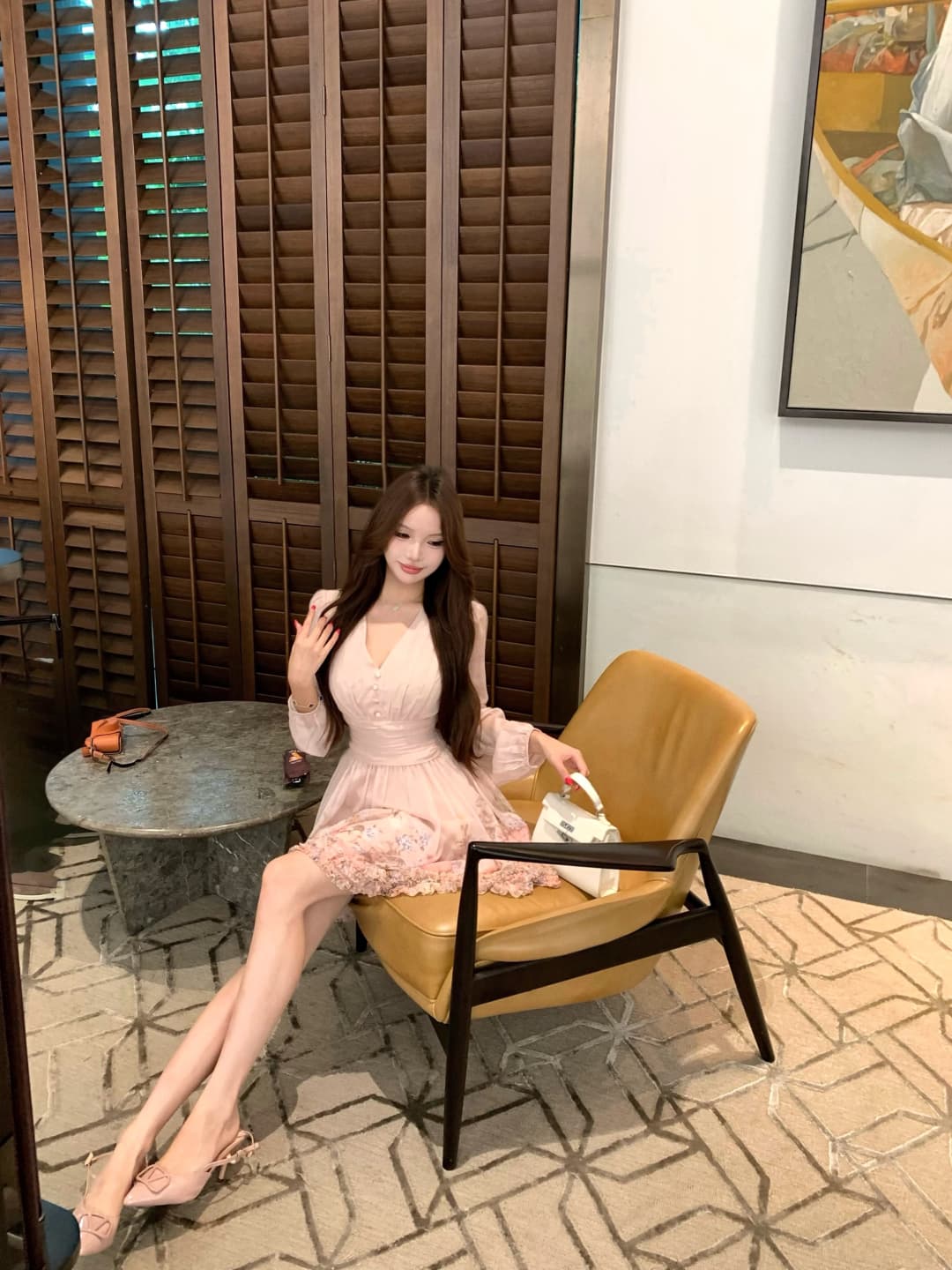 실사 정가 꽃이 떨어지는 꿈 저녁 허리 수축 슬림해 보이는 V넥 프릴 꽃 긴팔 드레스 상세 이미지 13