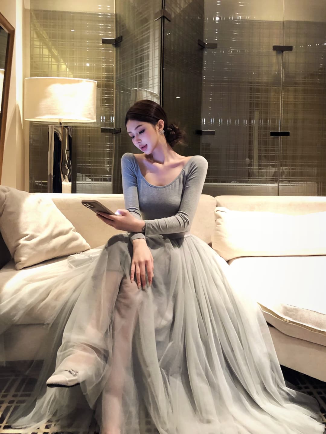 실사 정가 miu 부서 발레 오프숄더 망사 여성 드레스 이른 가을 분위기 센스 착용 가져 가라. 길다 치마 상세 이미지 35