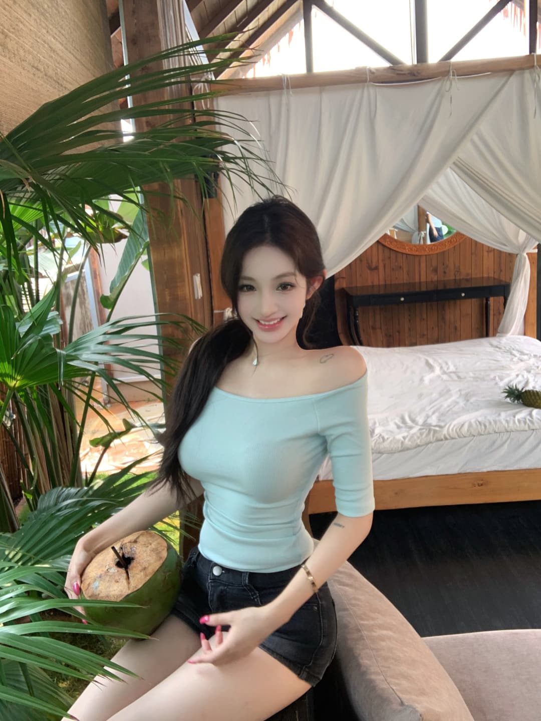 실사 정가 웨이브 어린이 소다 오프숄더 뱀 뼈 곡물 중간 소매 티셔츠 여성 봄 여름 허리 수축 높음 폭탄 의류 상세 이미지 7