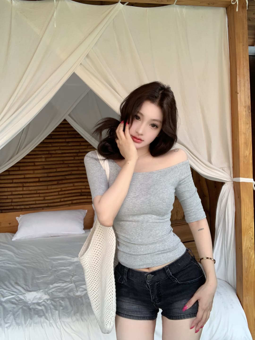 실사 정가 웨이브 어린이 소다 오프숄더 뱀 뼈 곡물 중간 소매 티셔츠 여성 봄 여름 허리 수축 높음 폭탄 의류 상세 이미지 29