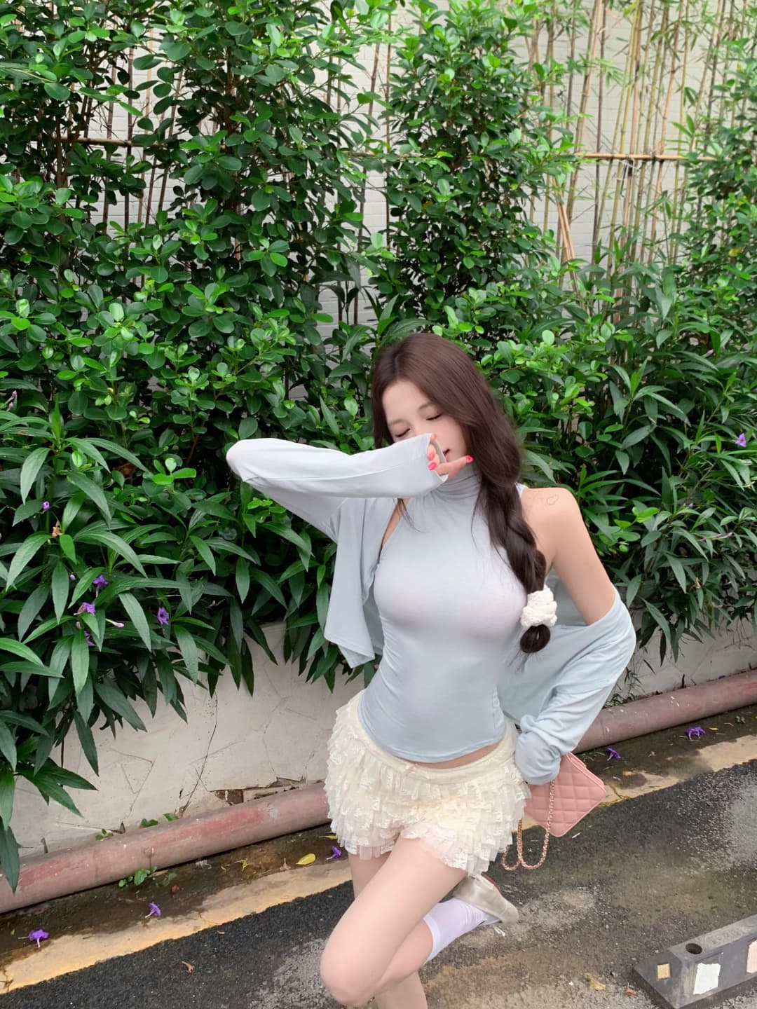 실사 정가 행침 목 터틀넥 조끼 긍정적 인 어깨 오픈 가디건 무거운 작업 계단식 홀로우 아웃 레이스 케이크 반바지 상세 이미지 3