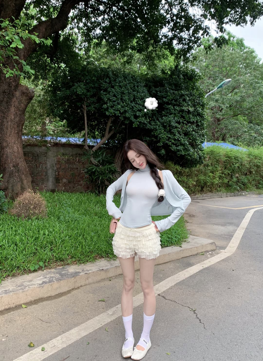 실사 정가 행침 목 터틀넥 조끼 긍정적 인 어깨 오픈 가디건 무거운 작업 계단식 홀로우 아웃 레이스 케이크 반바지 상세 이미지 5