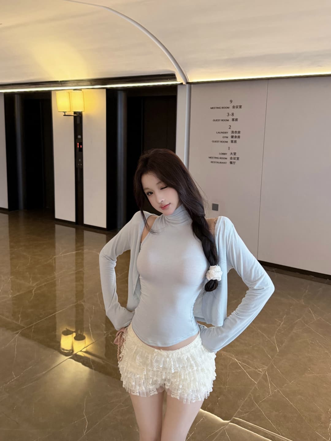 실사 정가 행침 목 터틀넥 조끼 긍정적 인 어깨 오픈 가디건 무거운 작업 계단식 홀로우 아웃 레이스 케이크 반바지 상세 이미지 13