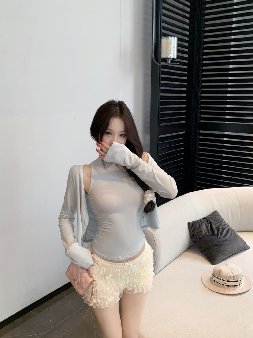 실사 정가 행침 목 터틀넥 조끼 긍정적 인 어깨 오픈 가디건 무거운 작업 계단식 홀로우 아웃 레이스 케이크 반바지 상세 이미지 15