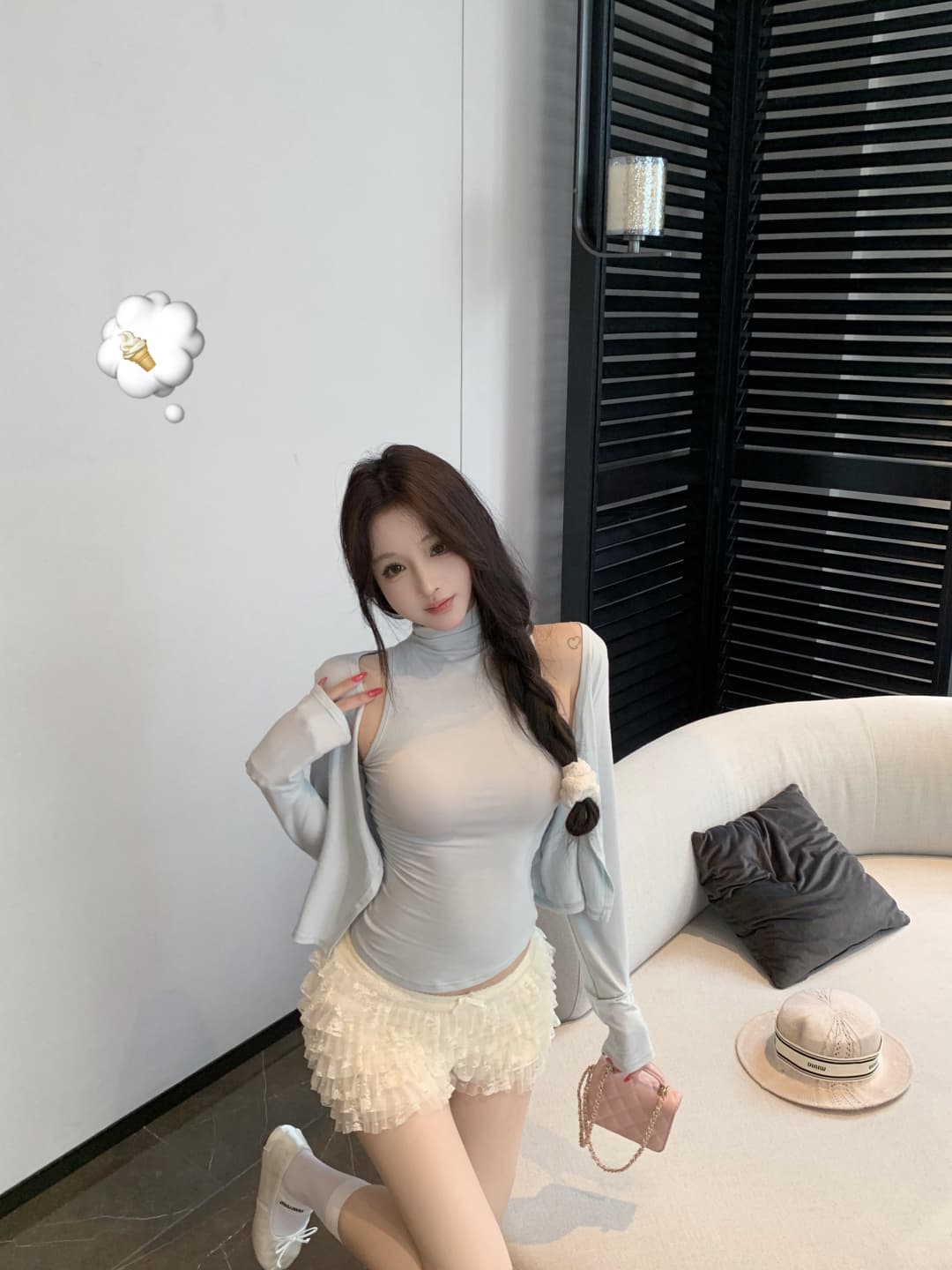 실사 정가 행침 목 터틀넥 조끼 긍정적 인 어깨 오픈 가디건 무거운 작업 계단식 홀로우 아웃 레이스 케이크 반바지 상세 이미지 16