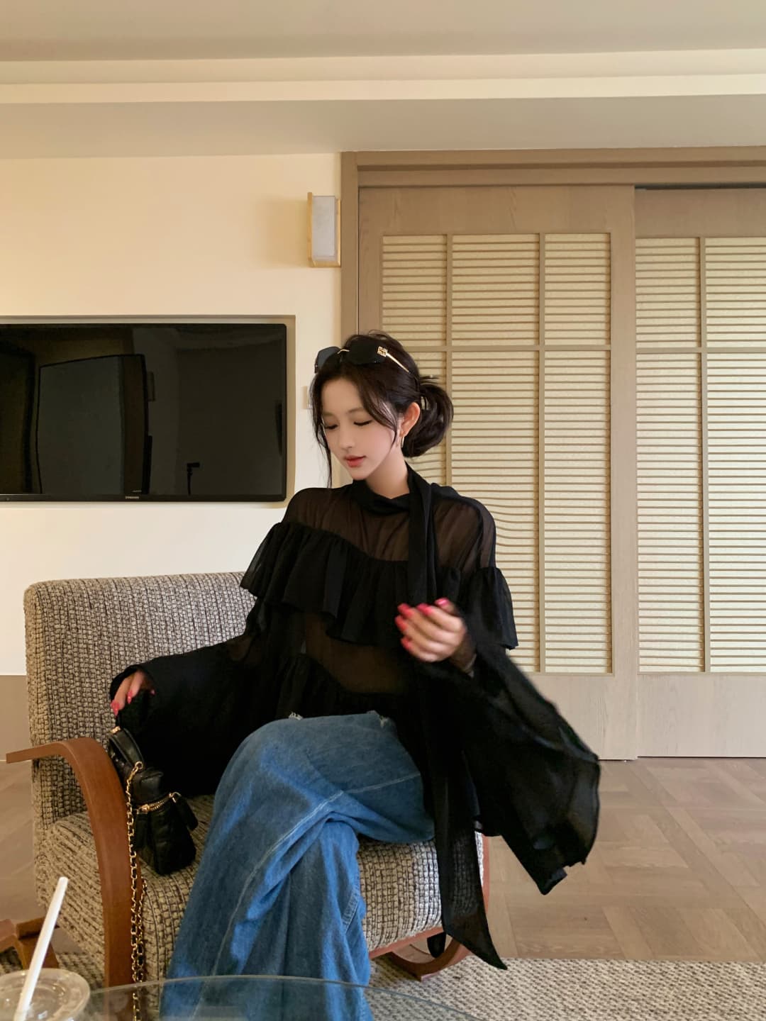 실사 정가 프랑스식 검정색 시폰 셔츠 여성 봄 여름 디자인 센스 이중층 프릴 빛 ~을 통해 셔츠 상세 이미지 11