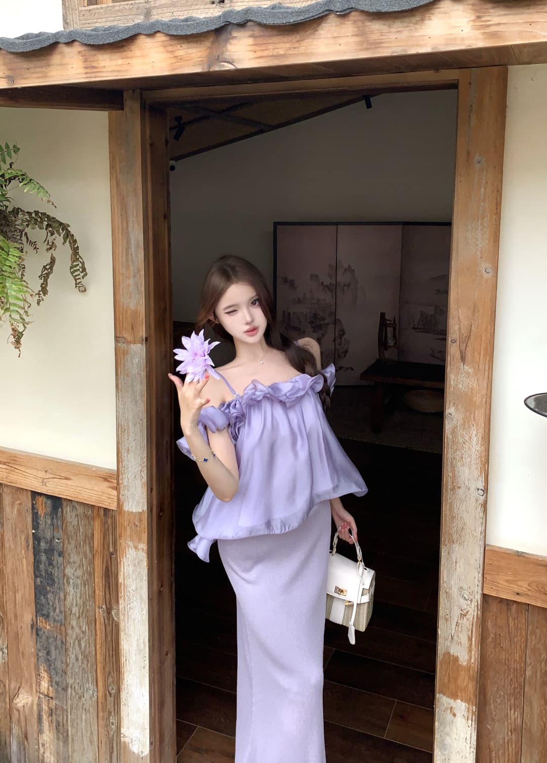 실사 정가 여름 편지 보라색 프릴 시폰 셔츠 여성 봄 미니멀리즘 루즈핏 슬림해 보이는 오프숄더 맨위 이미지 2