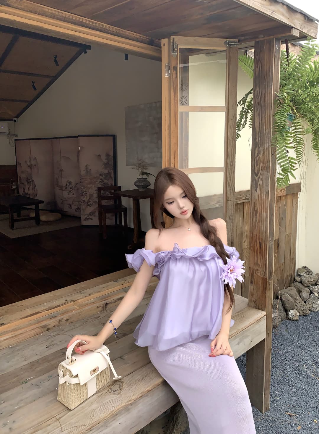 실사 정가 여름 편지 보라색 프릴 시폰 셔츠 여성 봄 미니멀리즘 루즈핏 슬림해 보이는 오프숄더 맨위 상세 이미지 3