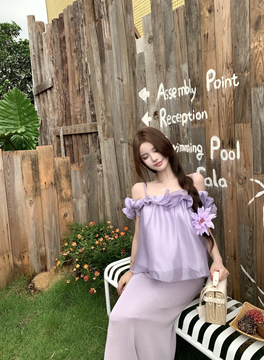 실사 정가 여름 편지 보라색 프릴 시폰 셔츠 여성 봄 미니멀리즘 루즈핏 슬림해 보이는 오프숄더 맨위 상세 이미지 7