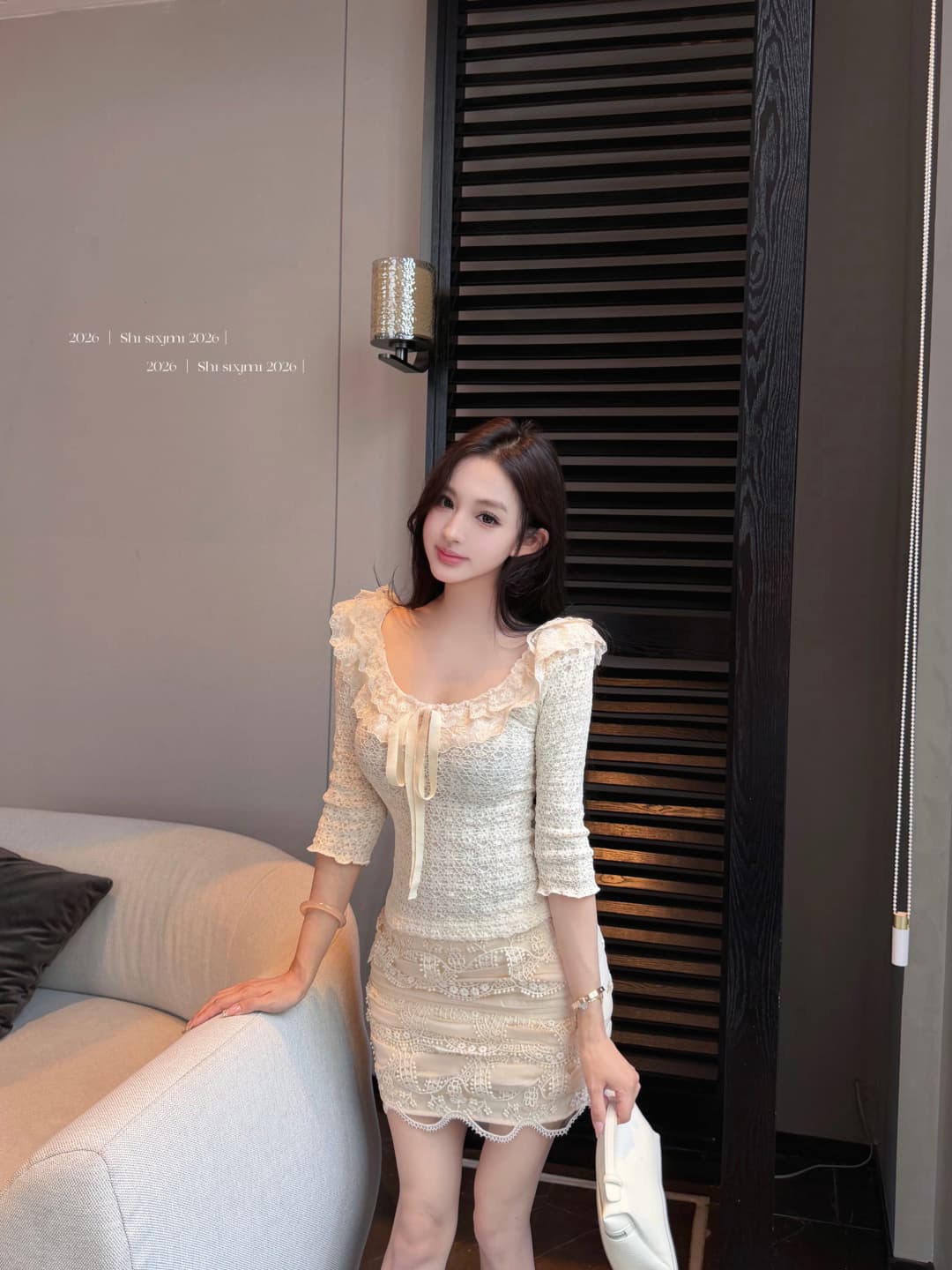 실사 정가 골동품 연인 7부 소매 맨위 타이트 스커트 반신 스커트 절묘한 데이트 세트 이미지 3