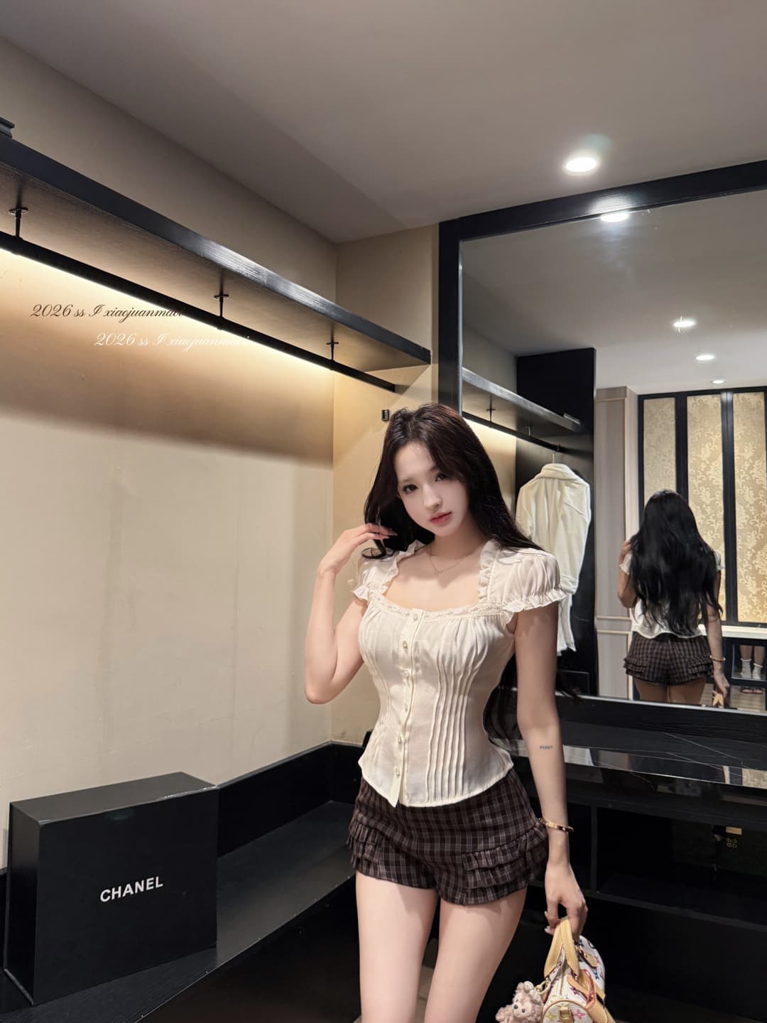 실사 정가 프랑스식 광장 칼라 버블 반팔 여성 셔츠 브라운 체크무늬 프릴 스트레이트 캐주얼 바지 반바지 상세 이미지 11
