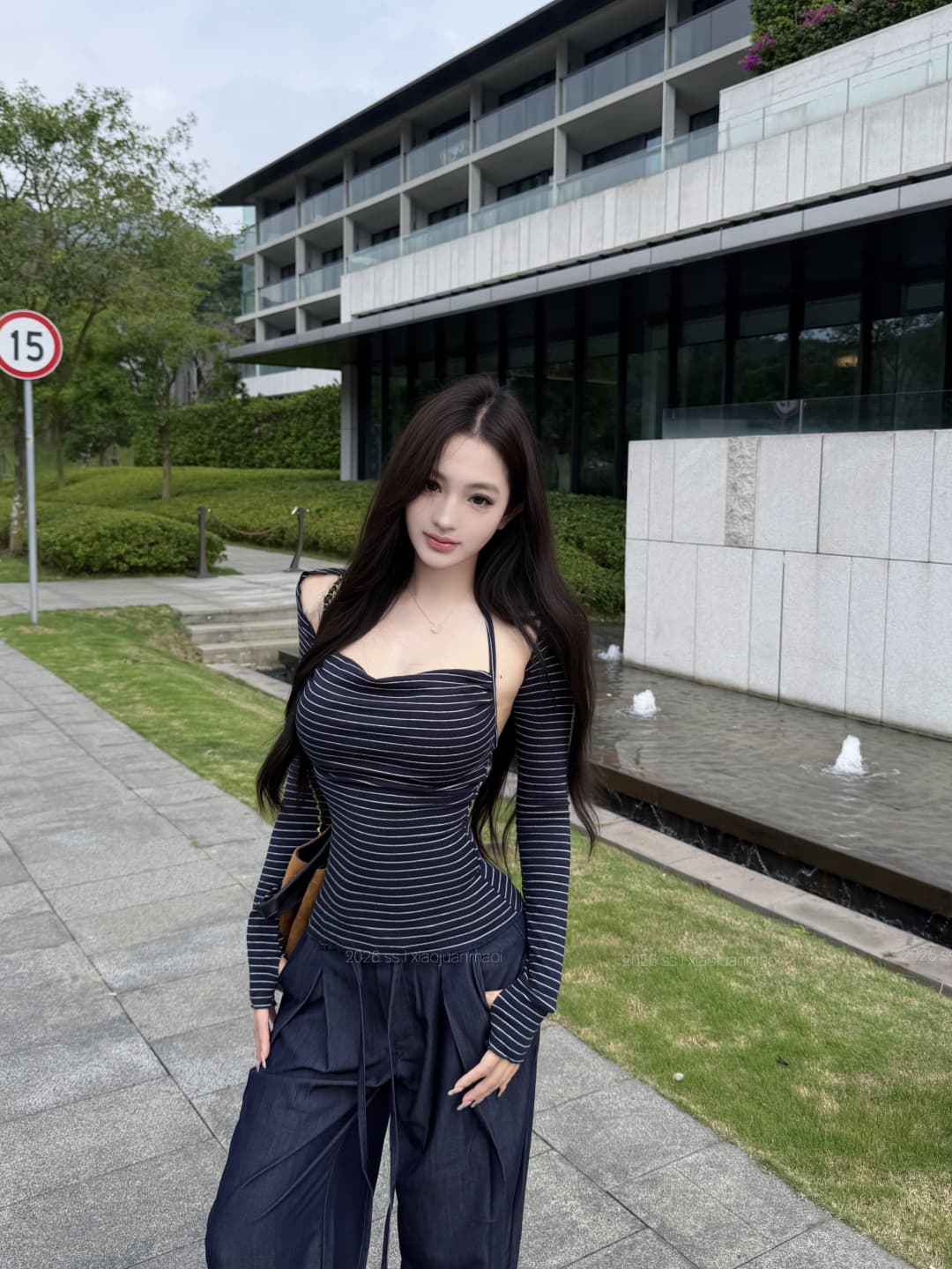 실사 정가 블루스 라인 스펙트럼 블루 화이트 스트라이프 어깨 오픈 가디건 슬립 두 조각 여성 세트 봄 여름 맨위 상세 이미지 10