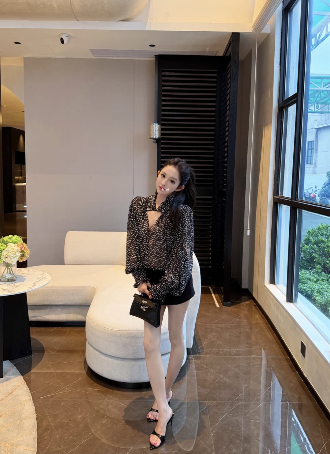 실사 정가 미친 일괄 처리 아름다움 쉬 루이지 chl0 e 바람 도트 무늬 쉬폰 긴팔 맨위 상세 이미지 8