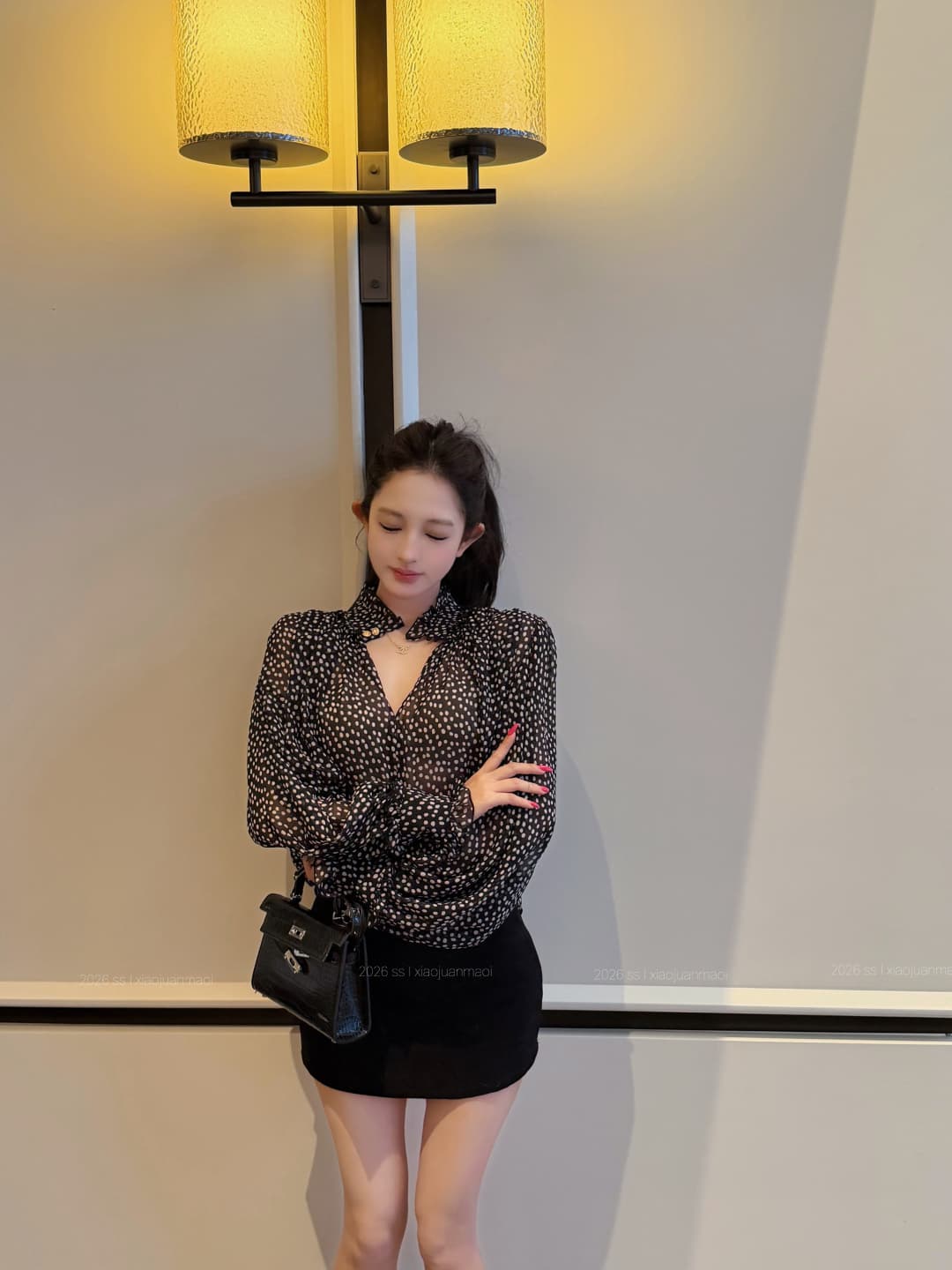 실사 정가 미친 일괄 처리 아름다움 쉬 루이지 chl0 e 바람 도트 무늬 쉬폰 긴팔 맨위 상세 이미지 14