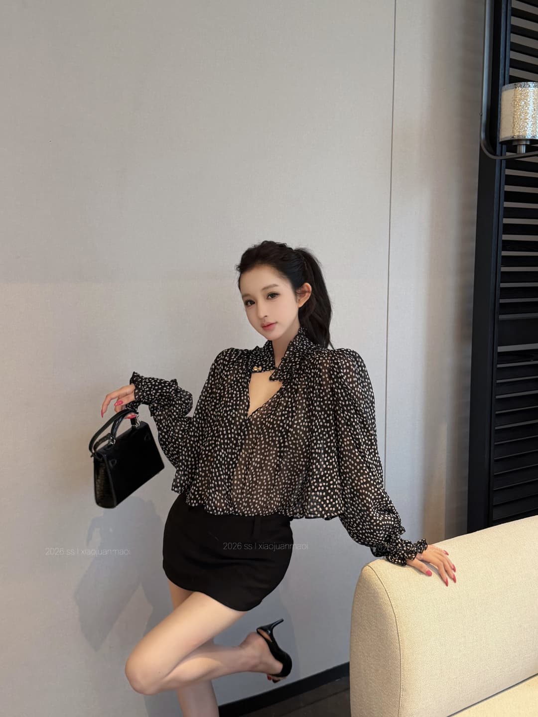 실사 정가 미친 일괄 처리 아름다움 쉬 루이지 chl0 e 바람 도트 무늬 쉬폰 긴팔 맨위 상세 이미지 15