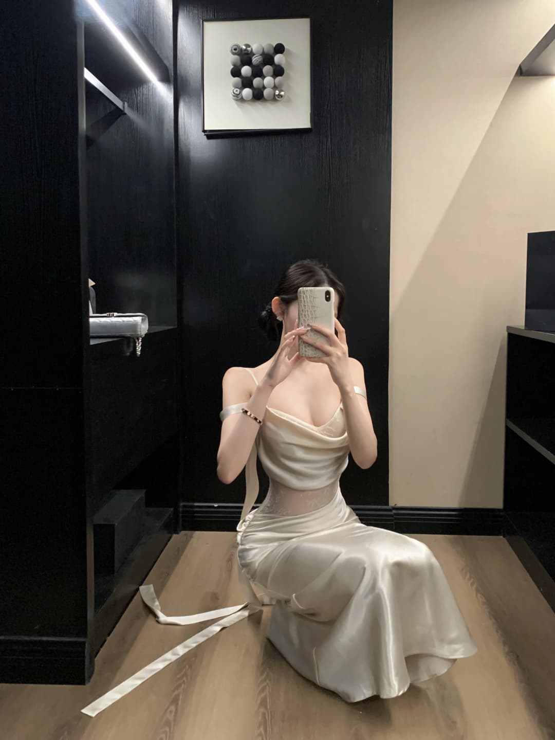 실사 정가 달 그림자 유리 흔들다 칼라 레이스 슬립 드레스 펌프 Pleat 슬림해 보이는 새틴 롱 스커트 여성 드레스 이미지 2