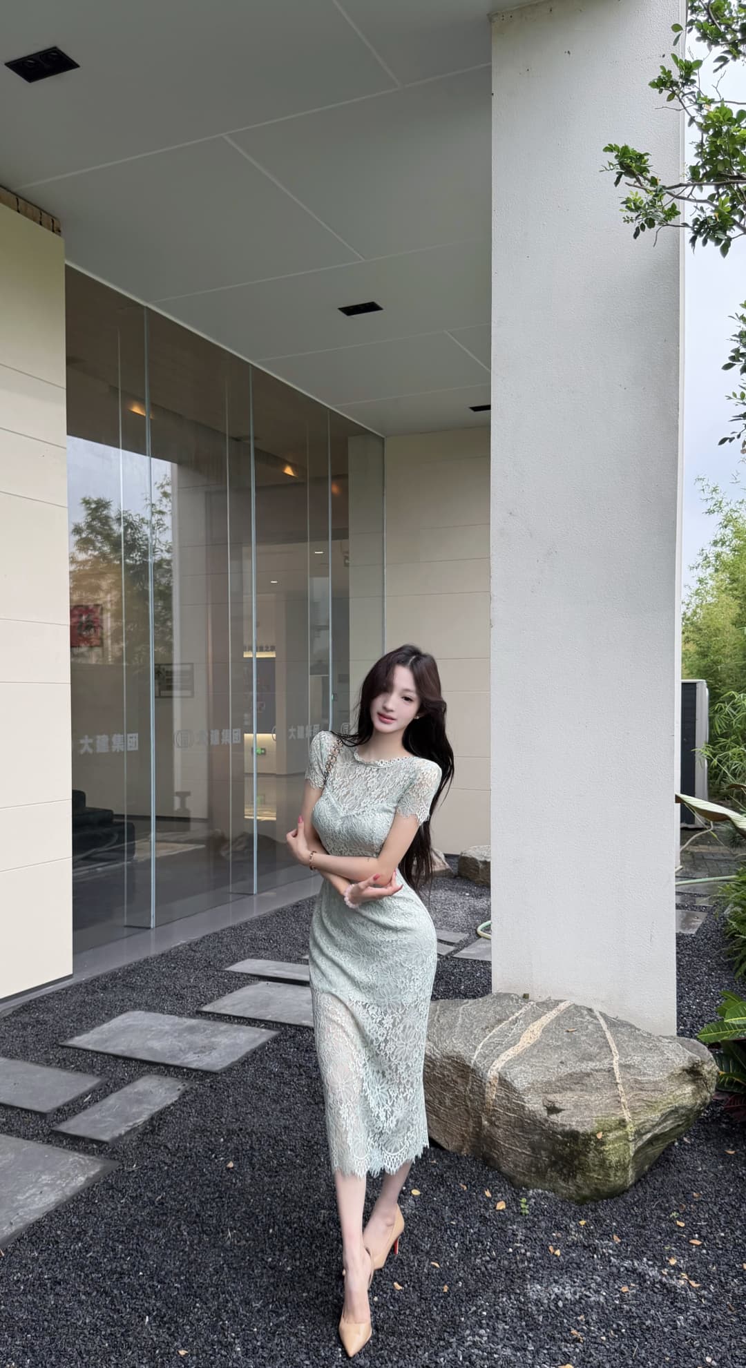 실사 정가 릴리 오브 더 밸리 비밀 언어 박하 남자 웨이브 녹색 레이스 홀로우 아웃 벨트 가슴 패드 여성 드레스 봄 여름 상세 이미지 12