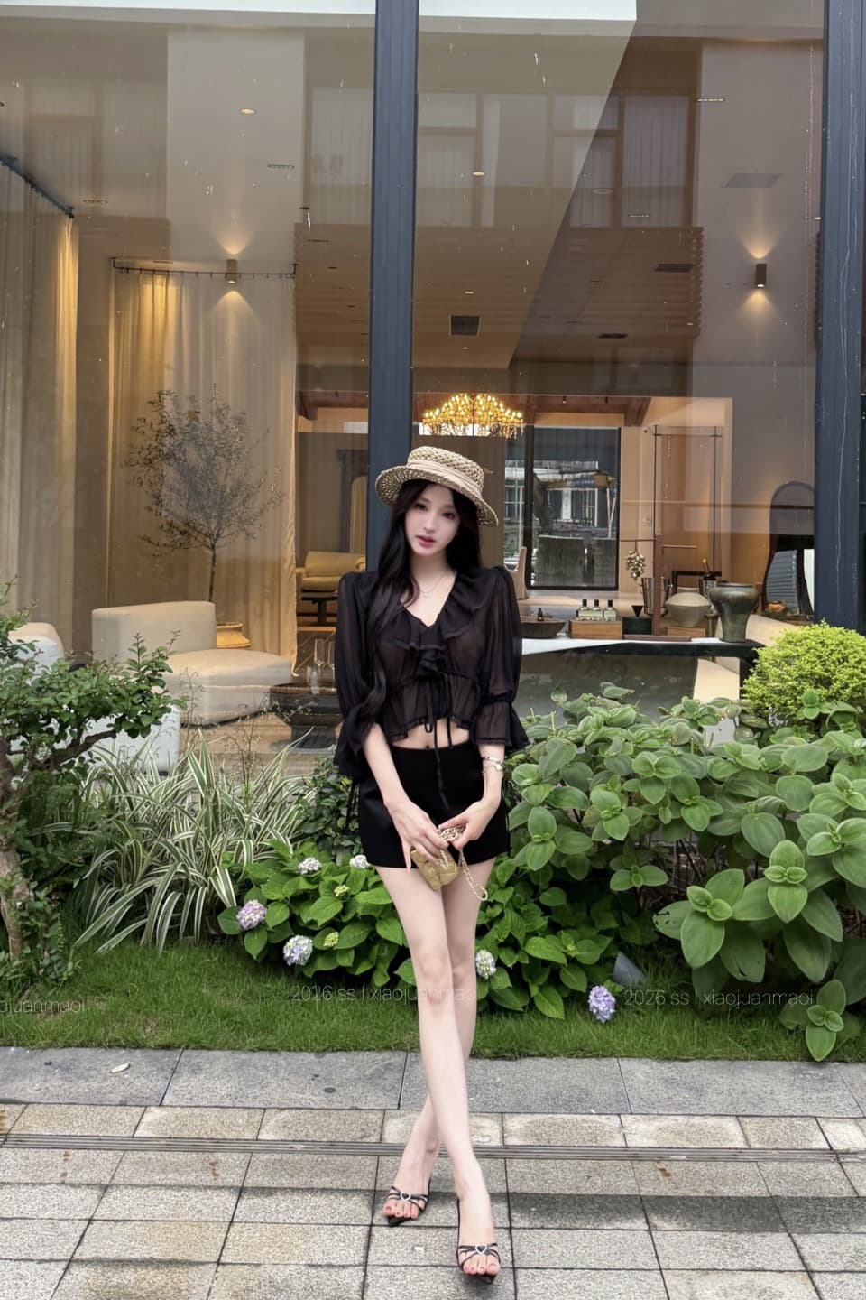 실사 정가 프랑스식 쇼트 스타일 한 마디 쉬폰 블라우스 레이스 V넥 맨위 새틴 노출 방지 디스플레이 다리 길이 치마바지 이미지 5