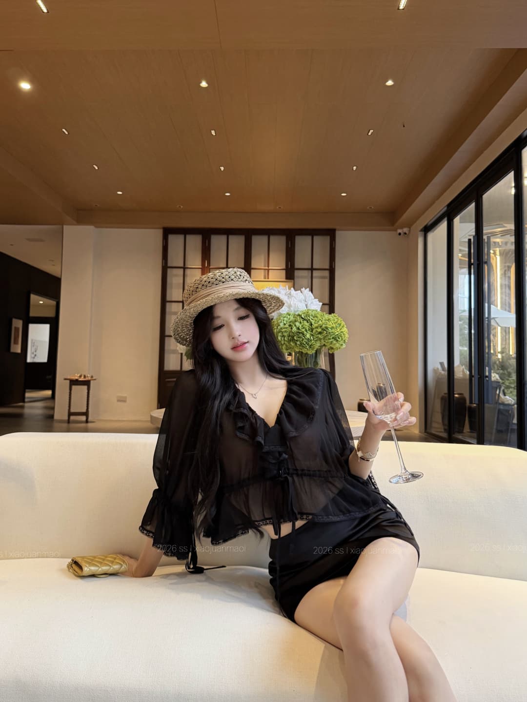 실사 정가 프랑스식 쇼트 스타일 한 마디 쉬폰 블라우스 레이스 V넥 맨위 새틴 노출 방지 디스플레이 다리 길이 치마바지 상세 이미지 12