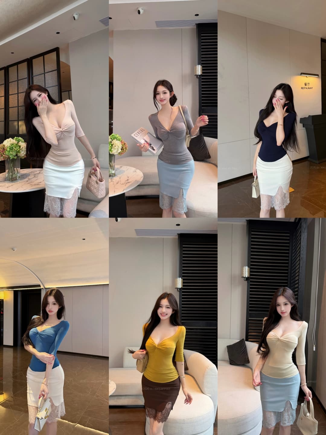 실사 정가 6 색상 비틀림 V넥 중간 소매 순수한 욕망 몸매 가꾸기 맨위 순수한 욕망 망사 레이스 조각 반신 스커트 상세 이미지 1