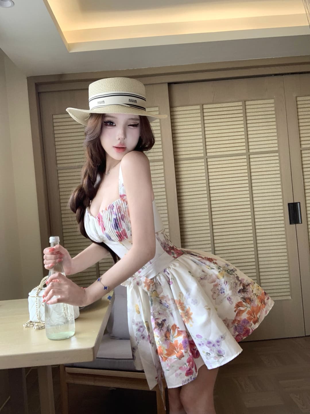 실사 정가 폴딩 만약 만약 수공 플리츠 생선뼈 꽃무늬 치마 중년 서있는 자르다 u 칼라 달콤함 슬립 드레스 상세 이미지 5