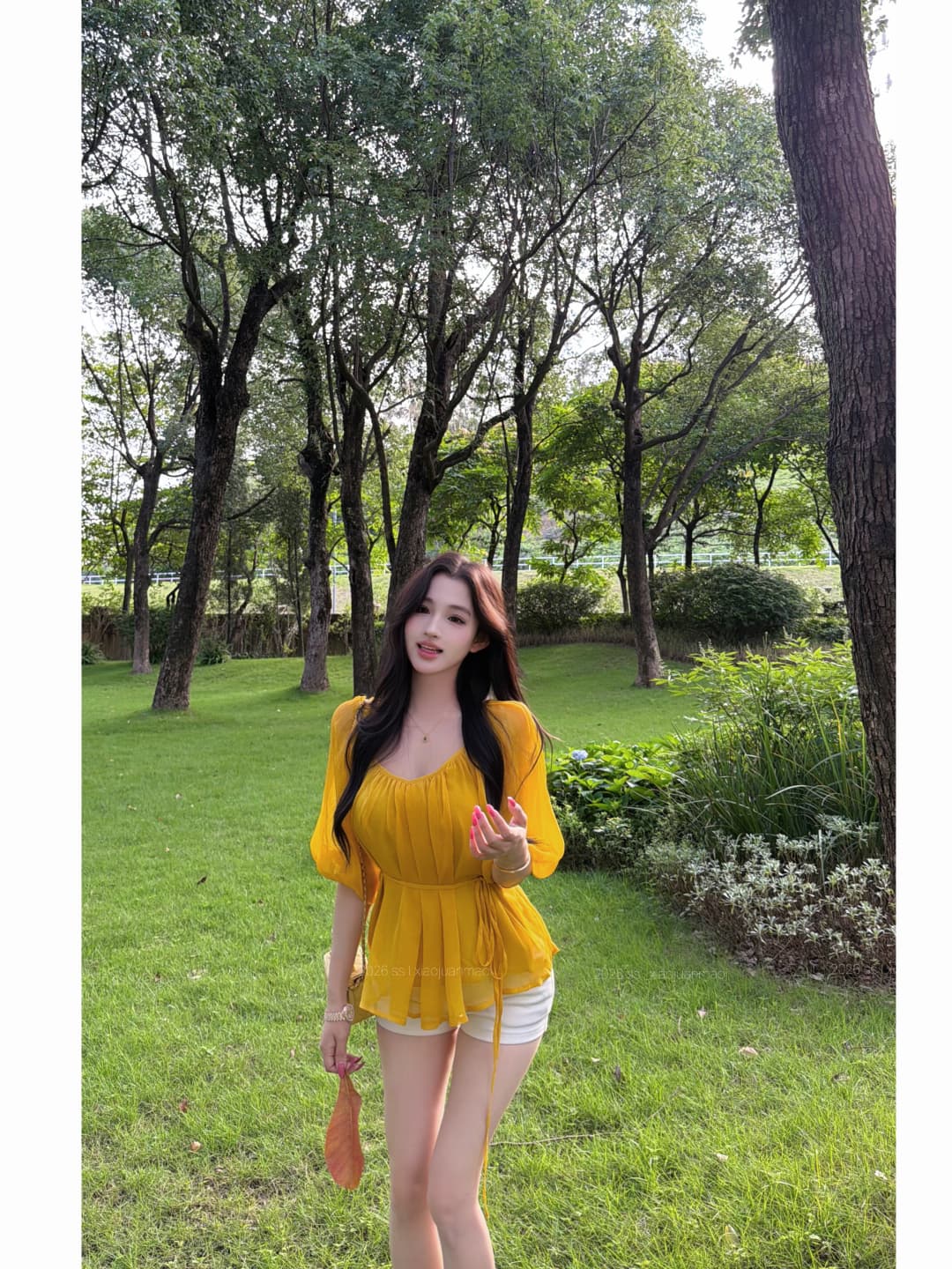 실사 정가 부드러운 실 제직 꿈 V넥 높음 ~을 통해 주름 레이스업 시폰 셔츠 여성 봄 여름 반소매 맨위 이미지 2