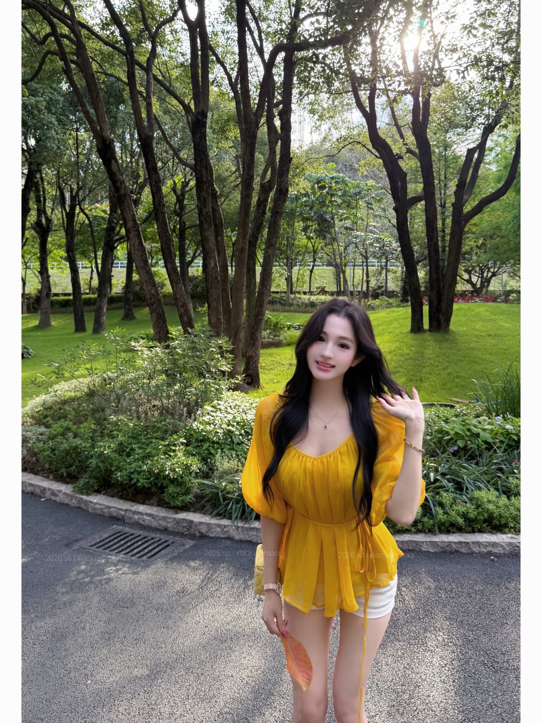 실사 정가 부드러운 실 제직 꿈 V넥 높음 ~을 통해 주름 레이스업 시폰 셔츠 여성 봄 여름 반소매 맨위 상세 이미지 2