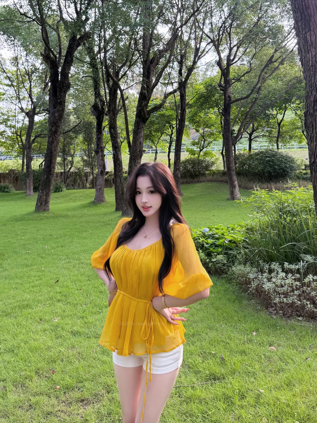 실사 정가 부드러운 실 제직 꿈 V넥 높음 ~을 통해 주름 레이스업 시폰 셔츠 여성 봄 여름 반소매 맨위 상세 이미지 4
