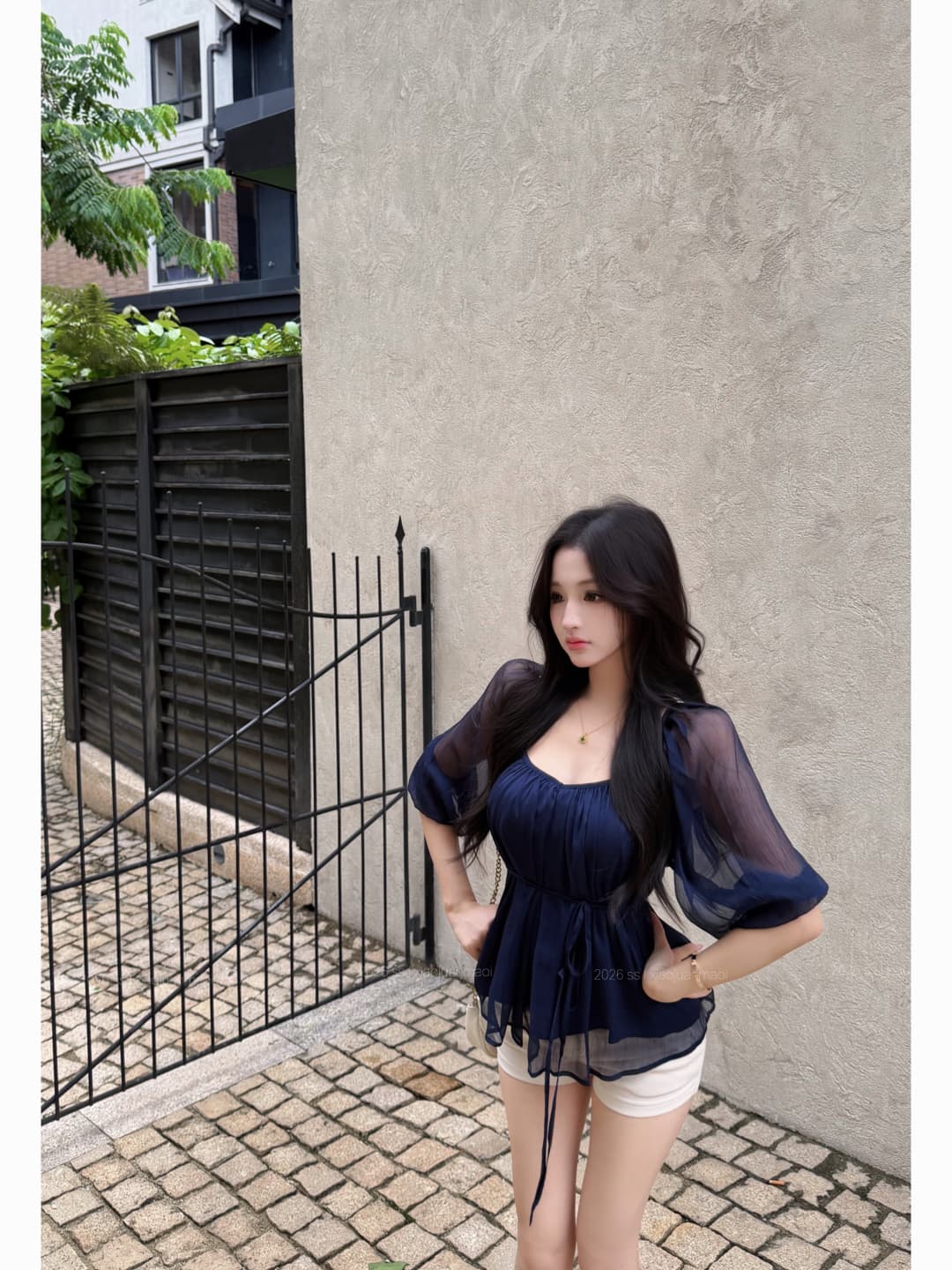 실사 정가 부드러운 실 제직 꿈 V넥 높음 ~을 통해 주름 레이스업 시폰 셔츠 여성 봄 여름 반소매 맨위 상세 이미지 18