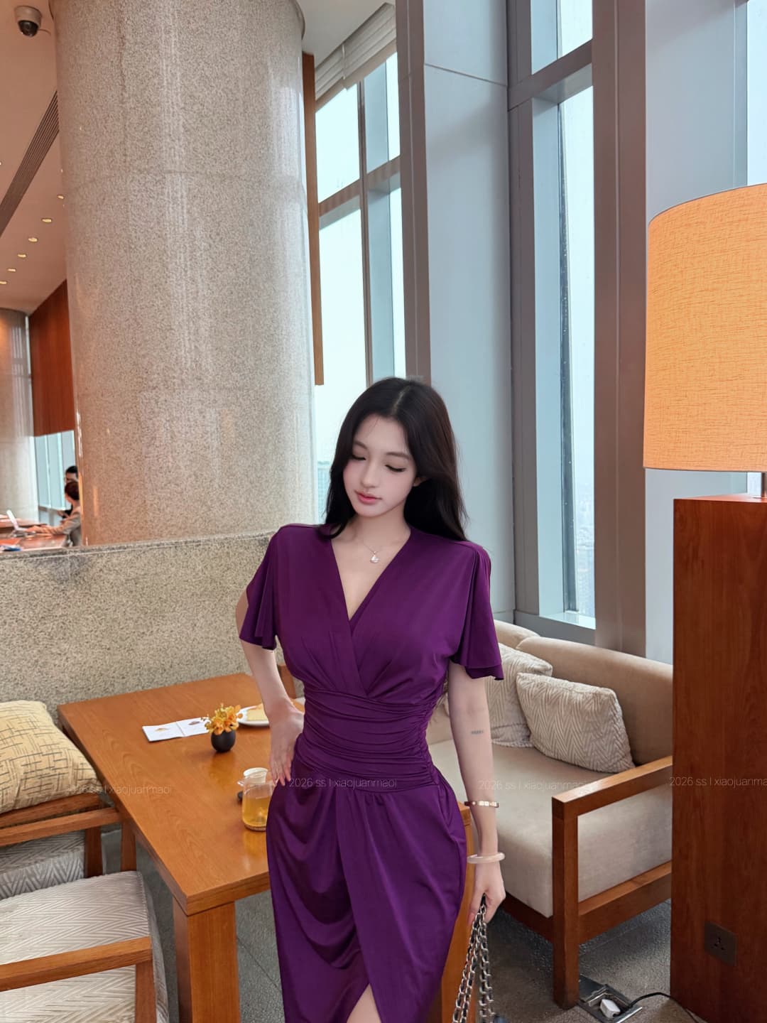 실사 정가 보라색 조정 부드러운 빛 깊은 v 주름 허리 수축 섹시함 여성 드레스 봄 여름 타이트 스커트 중간 스커트 상세 이미지 13