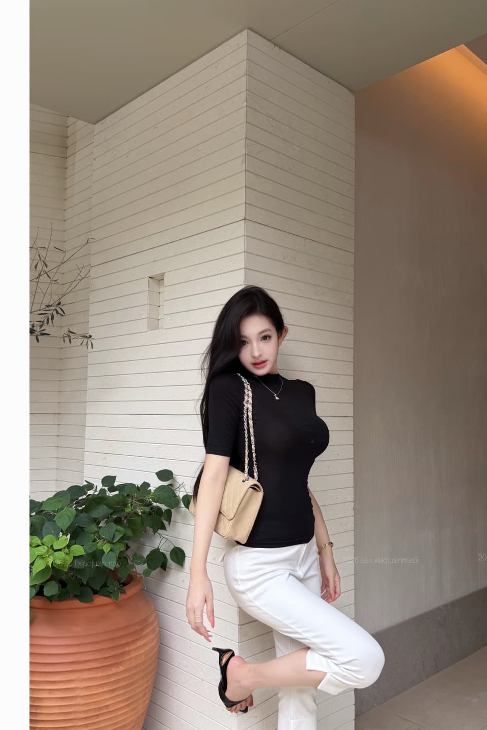 실사 정가 라이 경기 서울 중 칼라 높음 폭탄 반소매 티셔츠 신축성 정장 재료 중간 허리 캐주얼 몸매 가꾸기 오부 바지 이미지 5