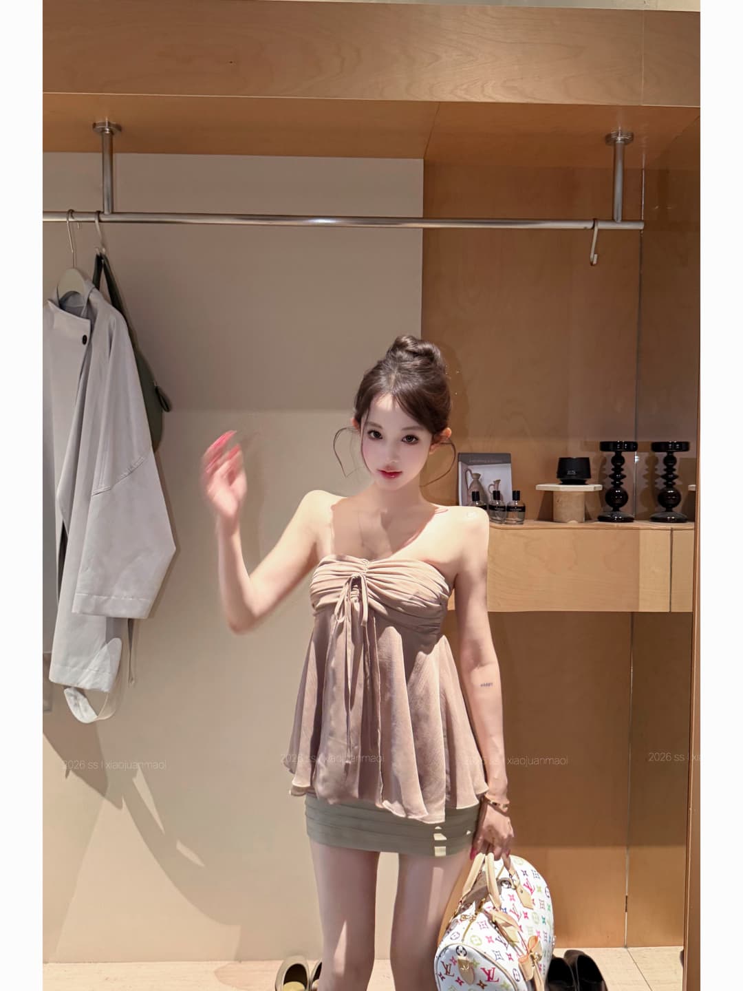 실사 정가 쉬폰 튜브탑 명중 가져 가라. 물결무늬 진자 알몸의 색상 한 마디 조끼 피질 기타 Pleat 몸매 가꾸기 스트레이트 미니 스커트 이미지 2