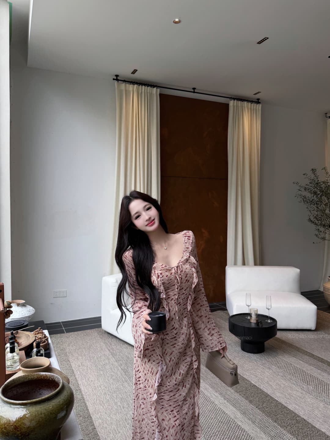 실사 정가 탑 리 아시아 인 세련된 휴가 바람 프릴 레이스업 나팔 소매 트임 프린트 여성 드레스 상세 이미지 12