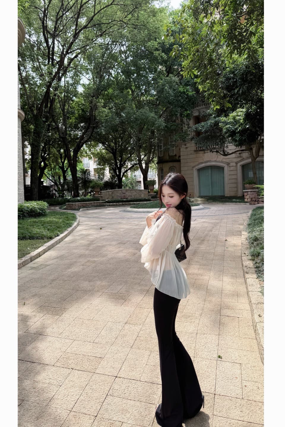 실사 정가 칭 시안 수생 조정 쌀 살구 색상 오프숄더 프릴 시폰 셔츠 여성 봄 여름 짧은 맨위 이미지 5