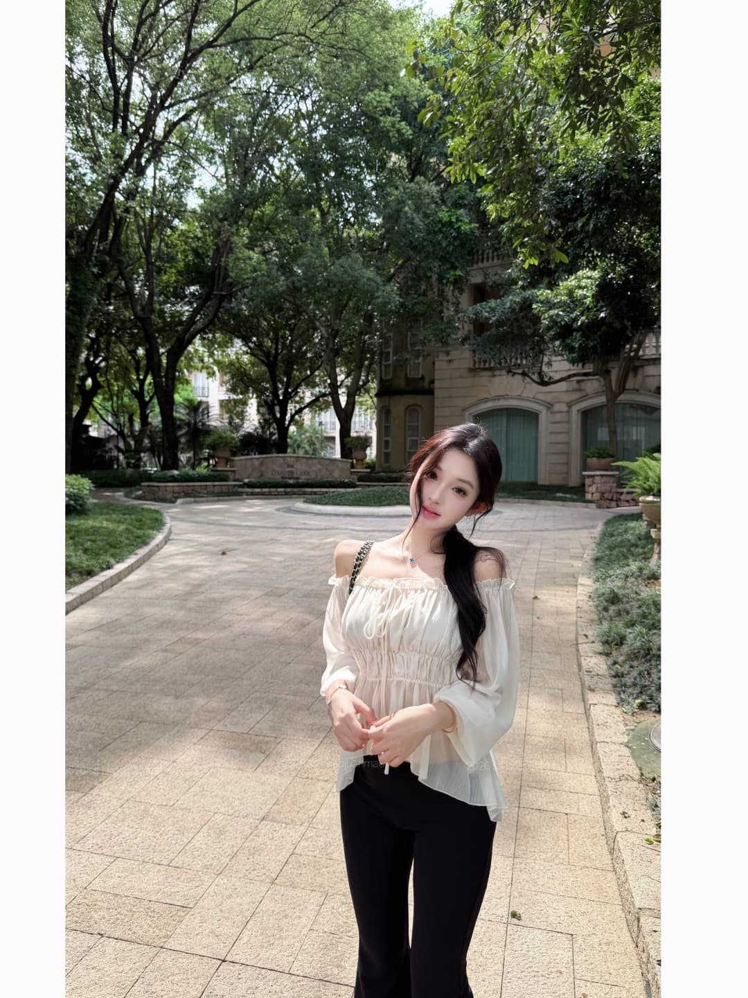 실사 정가 칭 시안 수생 조정 쌀 살구 색상 오프숄더 프릴 시폰 셔츠 여성 봄 여름 짧은 맨위 상세 이미지 3