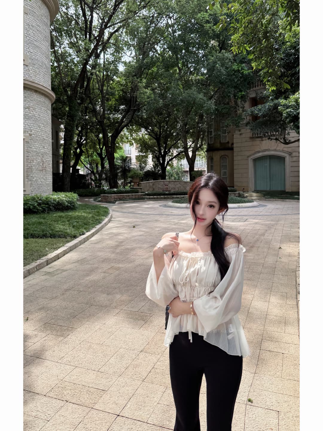 실사 정가 칭 시안 수생 조정 쌀 살구 색상 오프숄더 프릴 시폰 셔츠 여성 봄 여름 짧은 맨위 상세 이미지 4