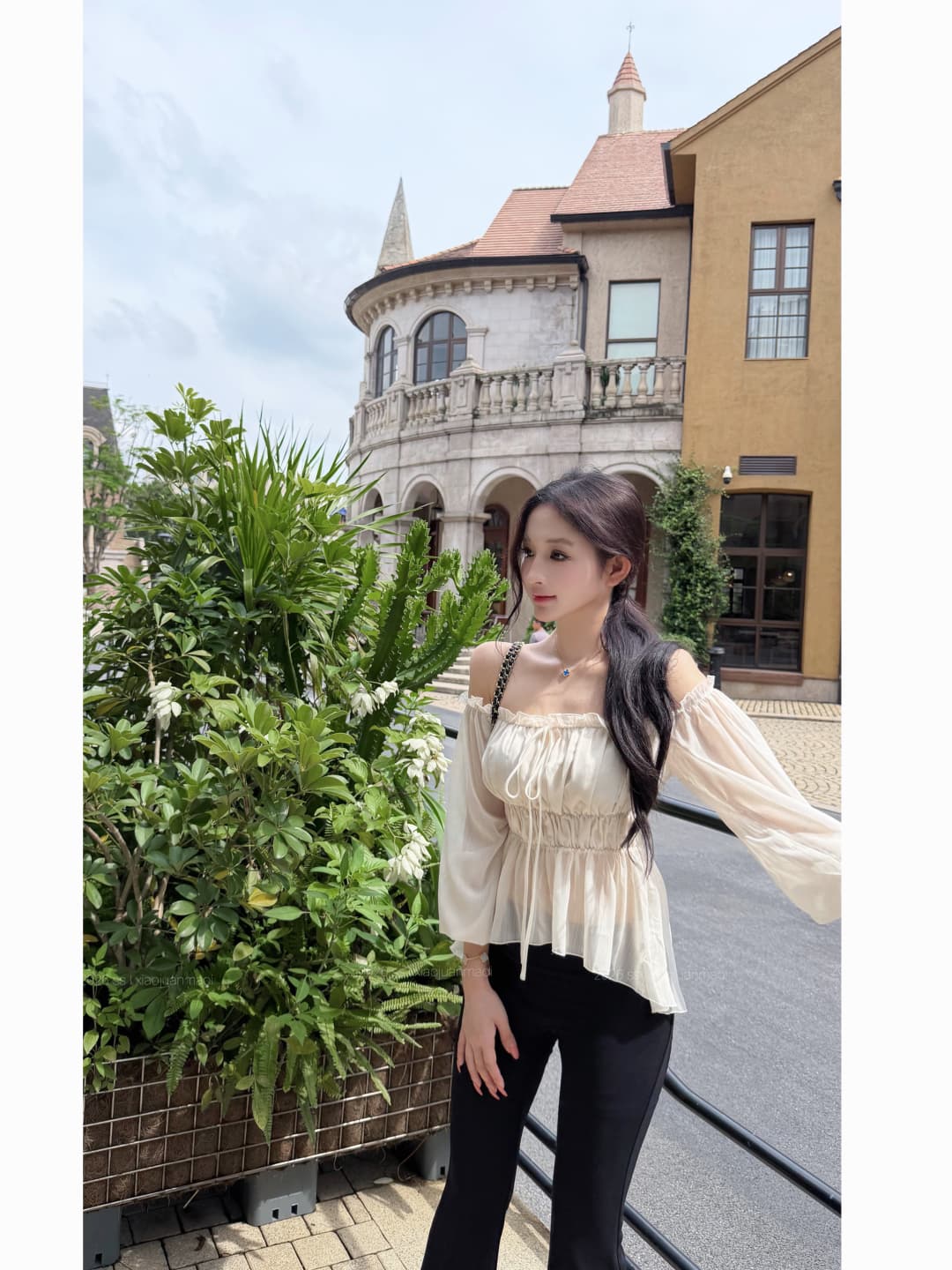 실사 정가 칭 시안 수생 조정 쌀 살구 색상 오프숄더 프릴 시폰 셔츠 여성 봄 여름 짧은 맨위 상세 이미지 7