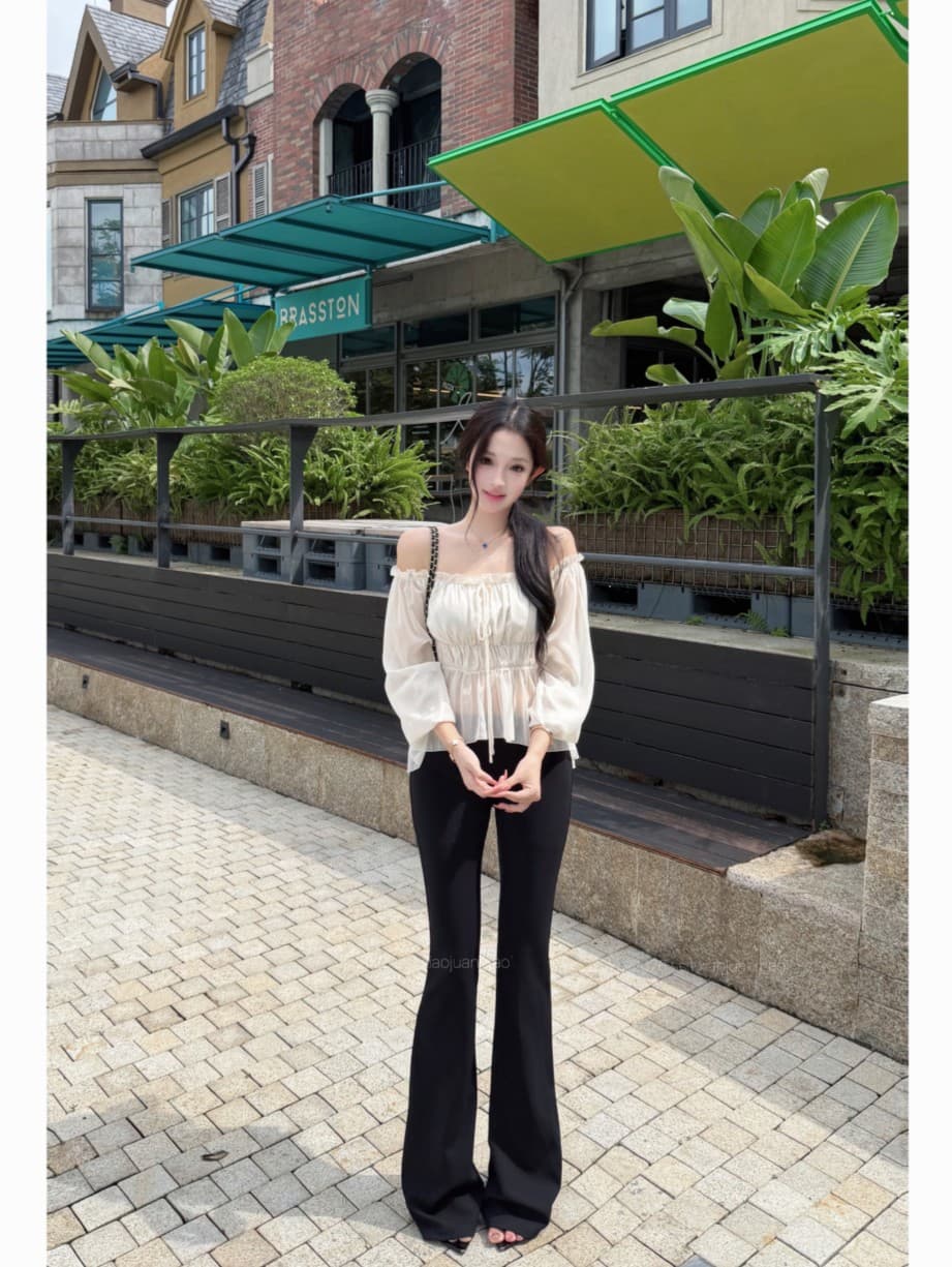 실사 정가 칭 시안 수생 조정 쌀 살구 색상 오프숄더 프릴 시폰 셔츠 여성 봄 여름 짧은 맨위 상세 이미지 14